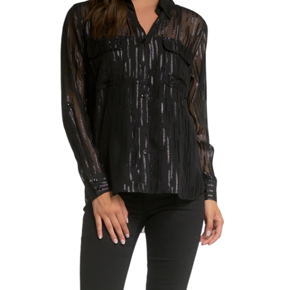 NWT ELAN SHEER SHIMMER TOP BUTTON DOWN BLACK